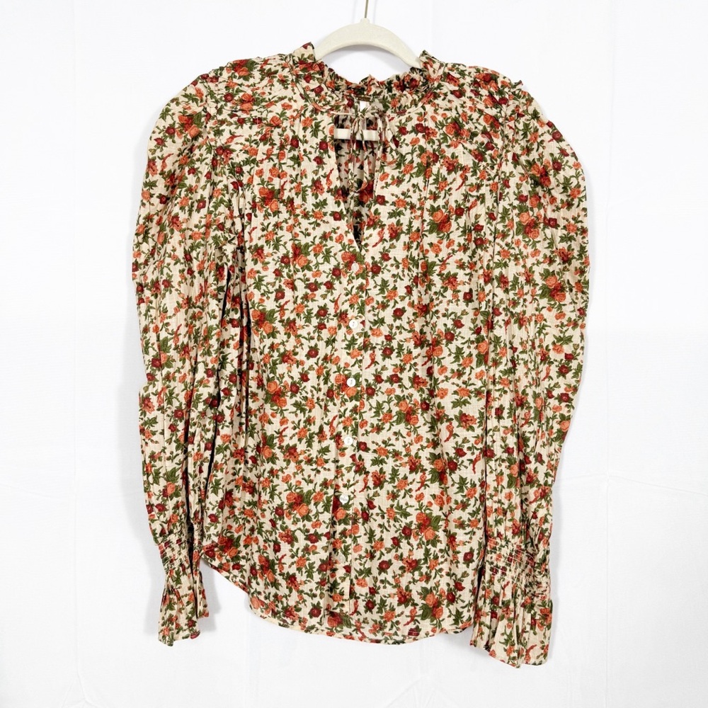 Free People Meant To Be Puff Sleeve Ruffle Blouse Top Vintage Floral Cotton Boho - Picture 2 of 16